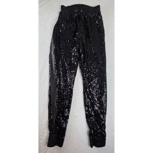 Black Sequin Joggers Womens Medium Party Pants Faux Leather Trim Drawstring
